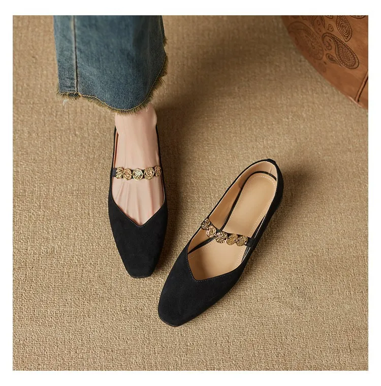 2.5cm ultra-comfortable low-heeled suede square-toe Mary Jane shoes, spring style.