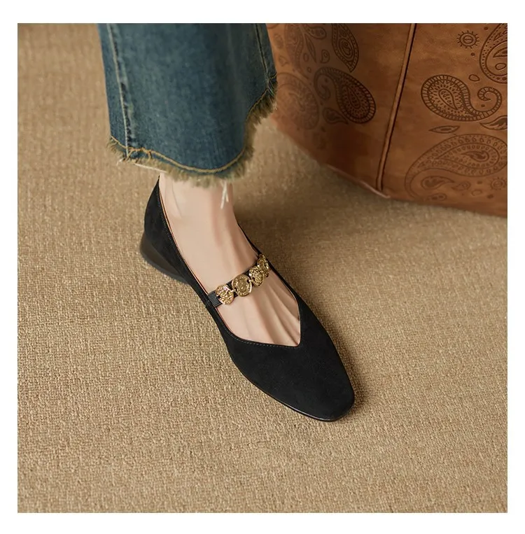 2.5cm ultra-comfortable low-heeled suede square-toe Mary Jane shoes, spring style.
