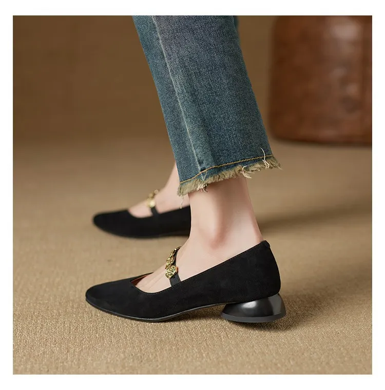 2.5cm ultra-comfortable low-heeled suede square-toe Mary Jane shoes, spring style.