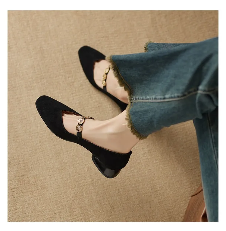 2.5cm ultra-comfortable low-heeled suede square-toe Mary Jane shoes, spring style.