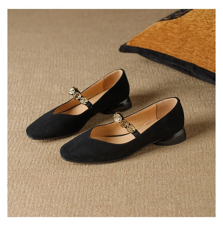 2.5cm ultra-comfortable low-heeled suede square-toe Mary Jane shoes, spring style.