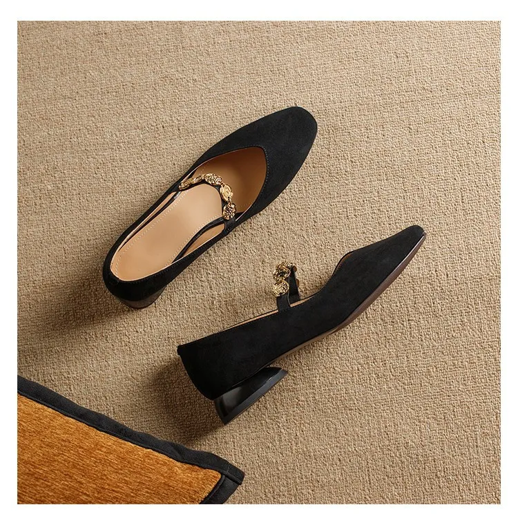 2.5cm ultra-comfortable low-heeled suede square-toe Mary Jane shoes, spring style.