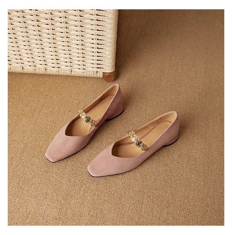 2.5cm ultra-comfortable low-heeled suede square-toe Mary Jane shoes, spring style.