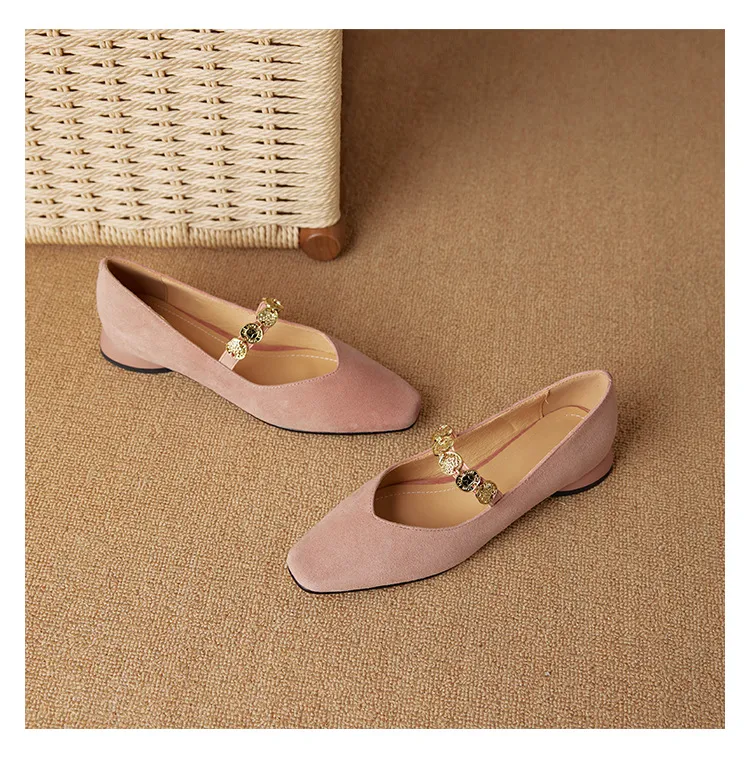 2.5cm ultra-comfortable low-heeled suede square-toe Mary Jane shoes, spring style.