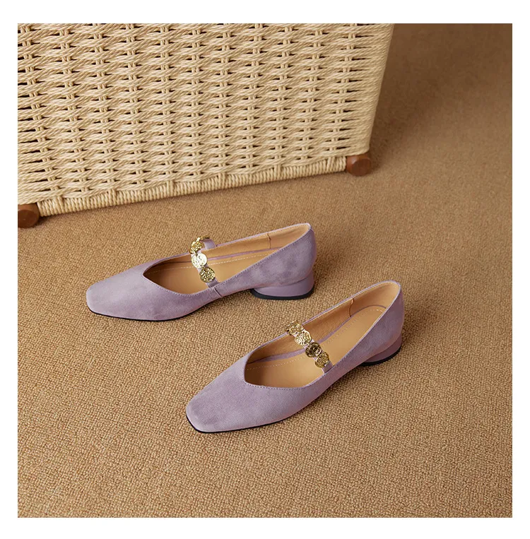 2.5cm ultra-comfortable low-heeled suede square-toe Mary Jane shoes, spring style.