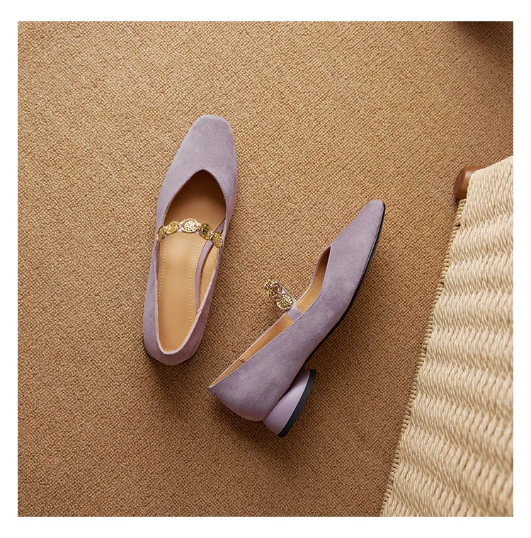 2.5cm ultra-comfortable low-heeled suede square-toe Mary Jane shoes, spring style.