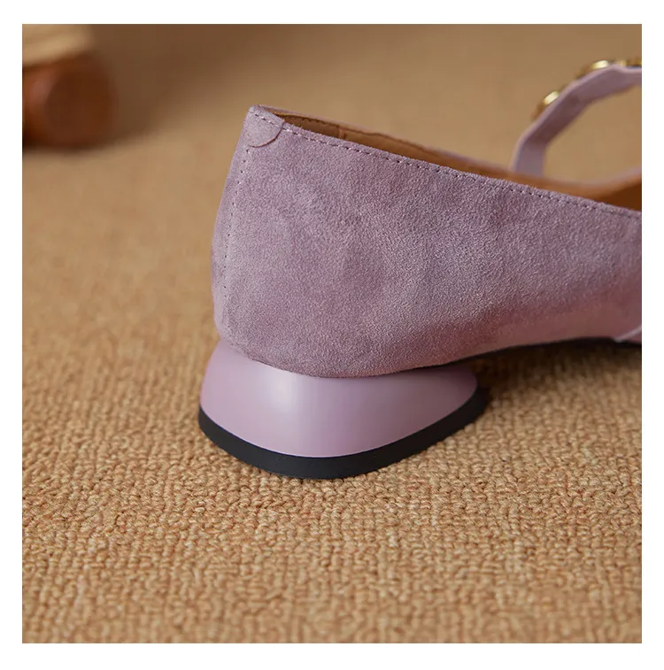 2.5cm ultra-comfortable low-heeled suede square-toe Mary Jane shoes, spring style.