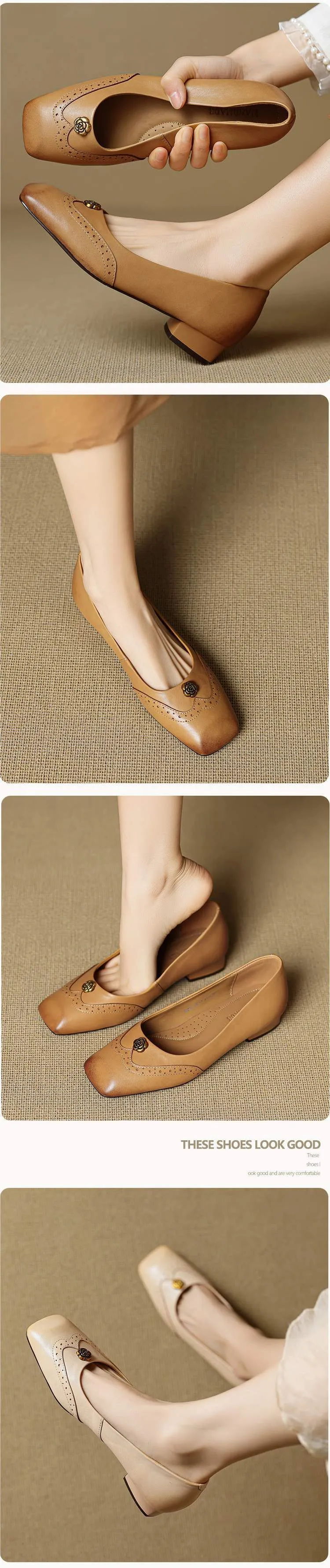 A pair of French-style camellia-patterned low-heeled flat shoes for women, 2.5cm, with brogue detailing.