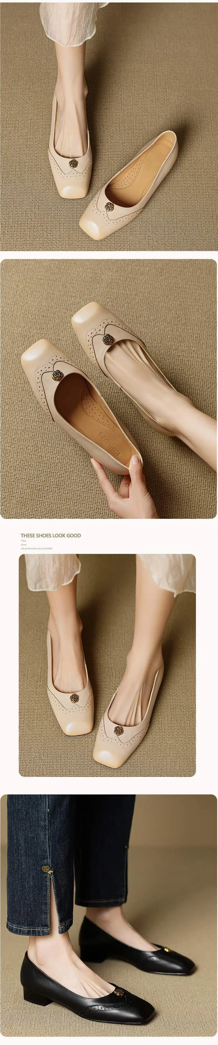 A pair of French-style camellia-patterned low-heeled flat shoes for women, 2.5cm, with brogue detailing.