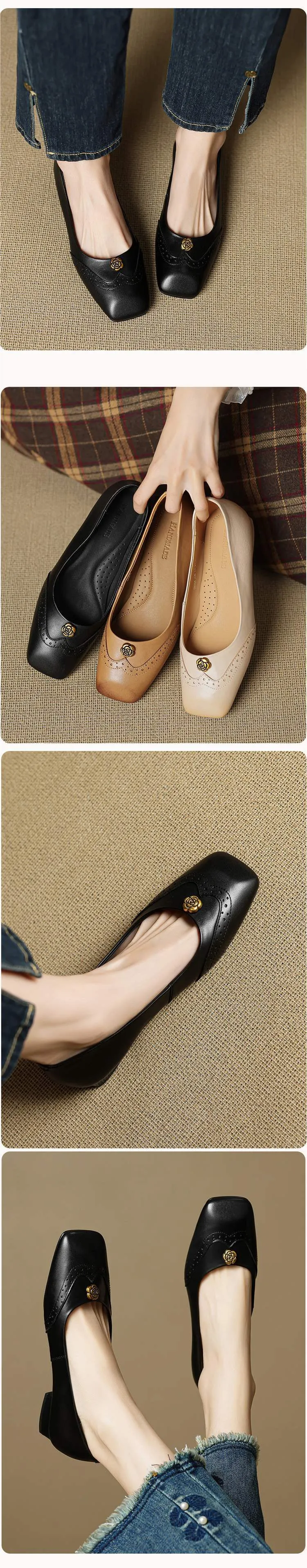 A pair of French-style camellia-patterned low-heeled flat shoes for women, 2.5cm, with brogue detailing.