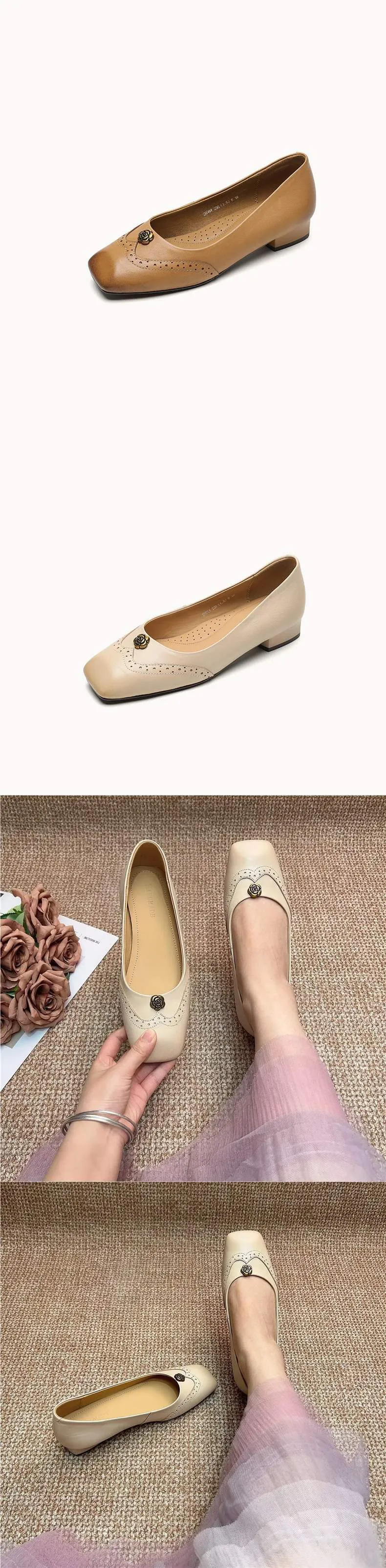 A pair of French-style camellia-patterned low-heeled flat shoes for women, 2.5cm, with brogue detailing.