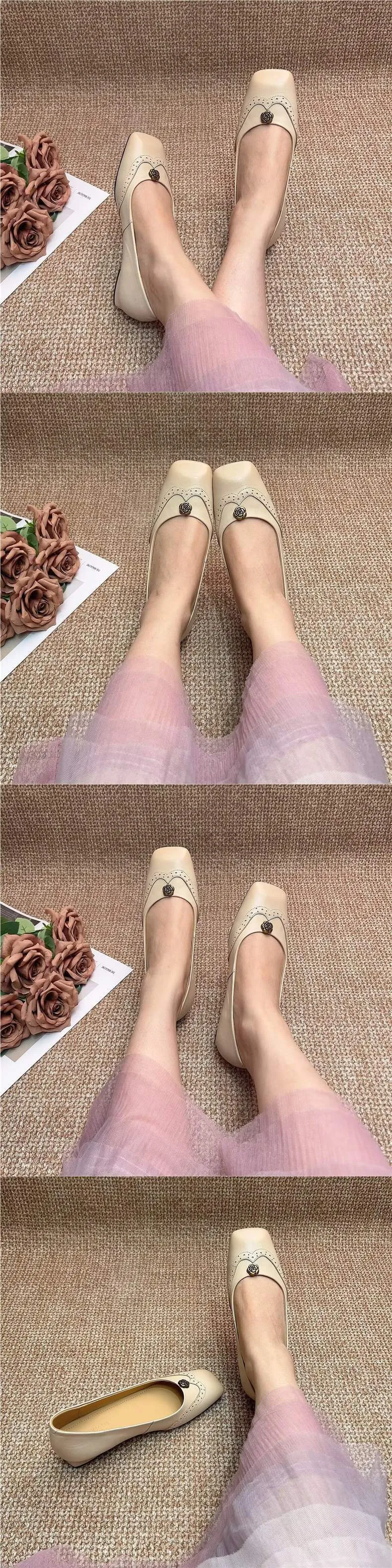 A pair of French-style camellia-patterned low-heeled flat shoes for women, 2.5cm, with brogue detailing.