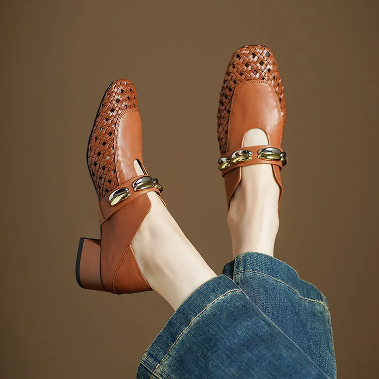Video account recommends spring/summer square-toe single shoes with chunky heels, low heels, slip-on style, studded, fashion women's shoes, 5-26f.