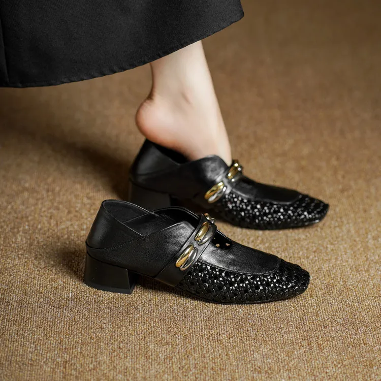 Video account recommends spring/summer square-toe single shoes with chunky heels, low heels, slip-on style, studded, fashion women's shoes, 5-26f.