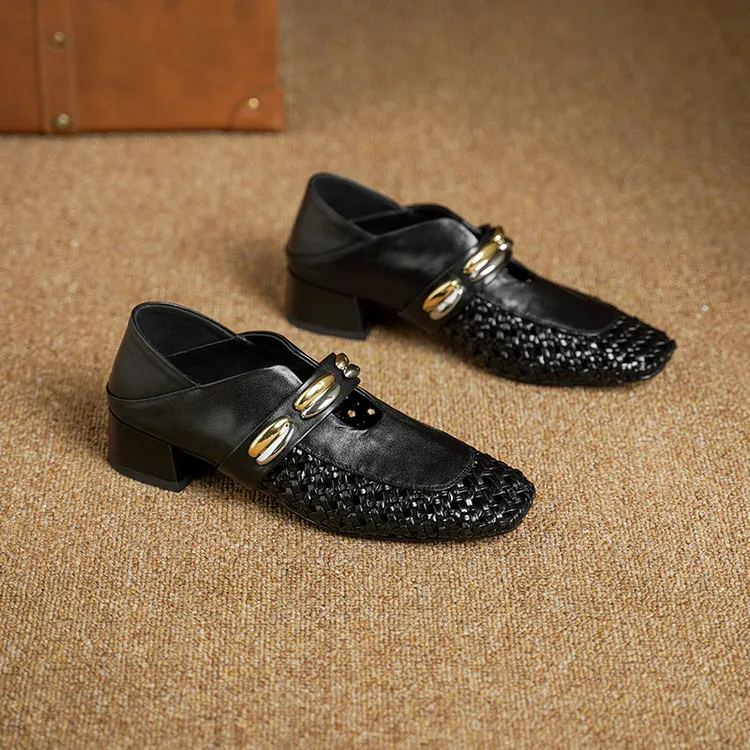 Video account recommends spring/summer square-toe single shoes with chunky heels, low heels, slip-on style, studded, fashion women's shoes, 5-26f.