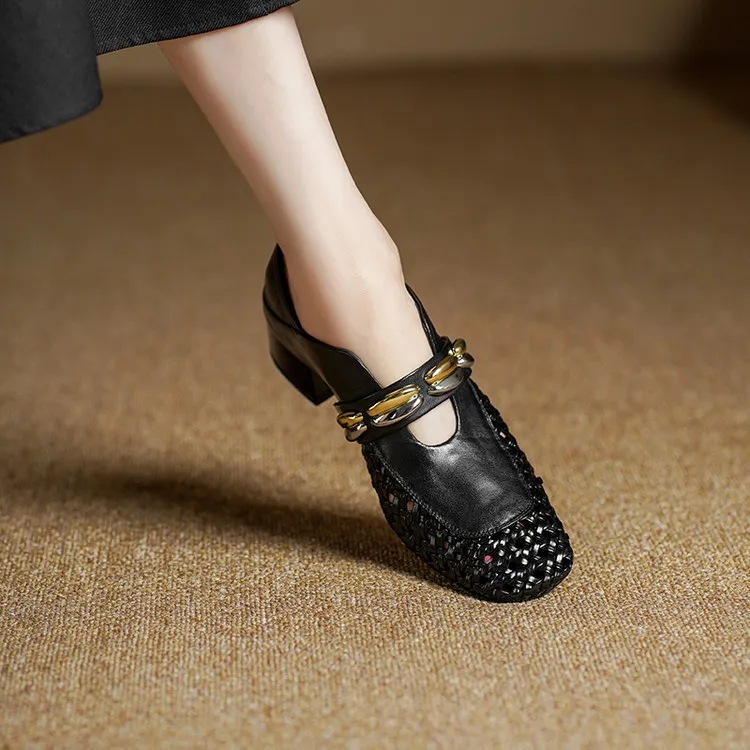 Video account recommends spring/summer square-toe single shoes with chunky heels, low heels, slip-on style, studded, fashion women's shoes, 5-26f.