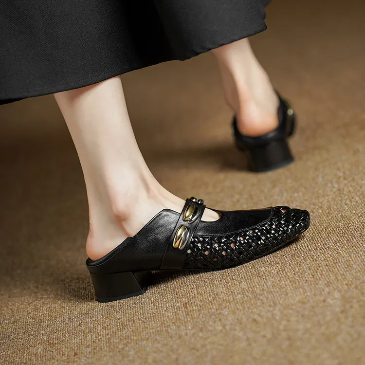 Video account recommends spring/summer square-toe single shoes with chunky heels, low heels, slip-on style, studded, fashion women's shoes, 5-26f.