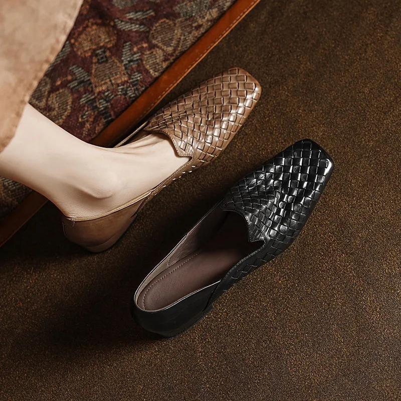 Spring and Autumn Square Toe Single Shoes Chunky Heel Low Heel Slip-on Cowhide Fashion Women's Shoes