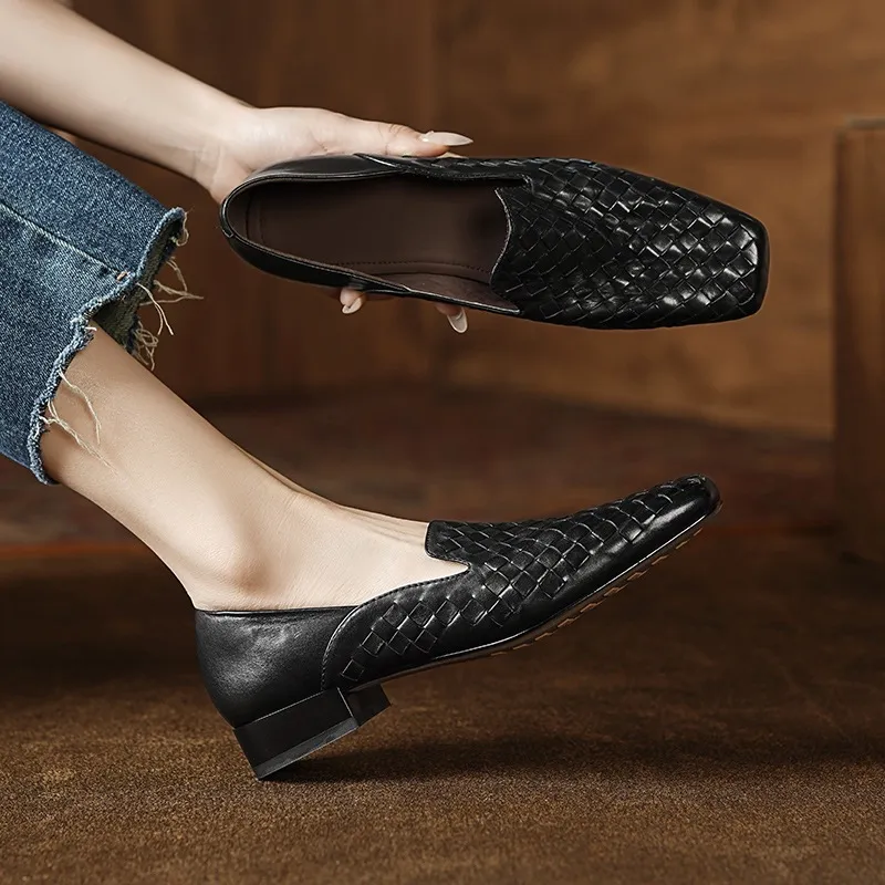 Spring and Autumn Square Toe Single Shoes Chunky Heel Low Heel Slip-on Cowhide Fashion Women's Shoes