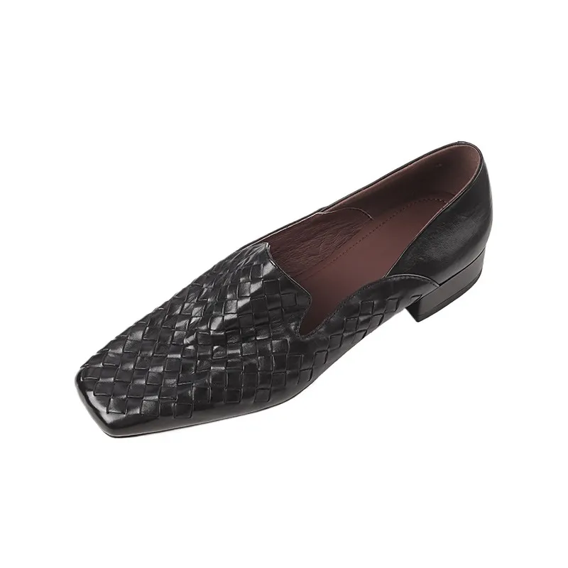 Spring and Autumn Square Toe Single Shoes Chunky Heel Low Heel Slip-on Cowhide Fashion Women's Shoes