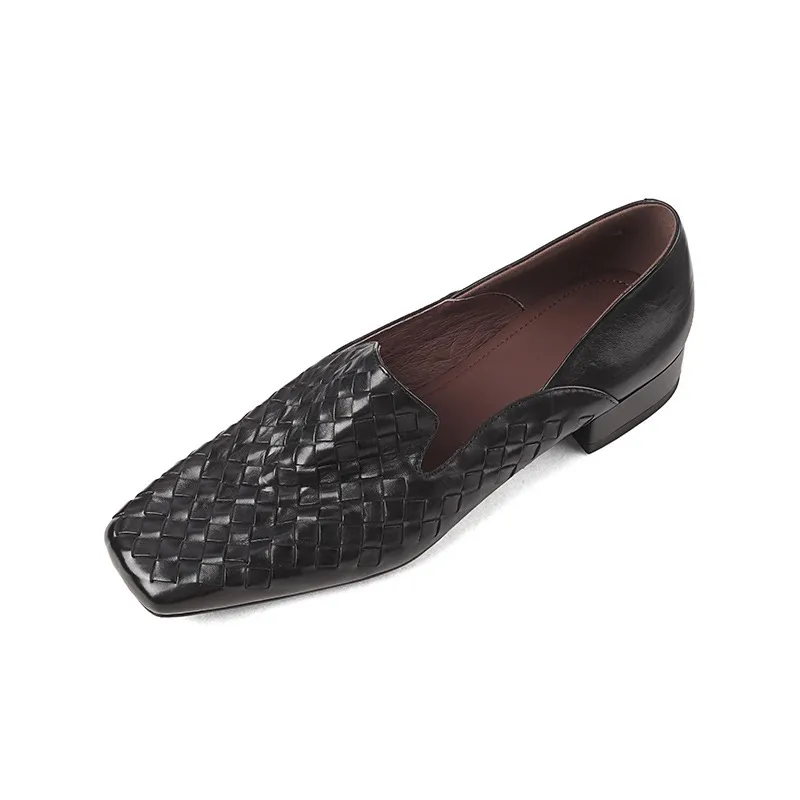 Spring and Autumn Square Toe Single Shoes Chunky Heel Low Heel Slip-on Cowhide Fashion Women's Shoes
