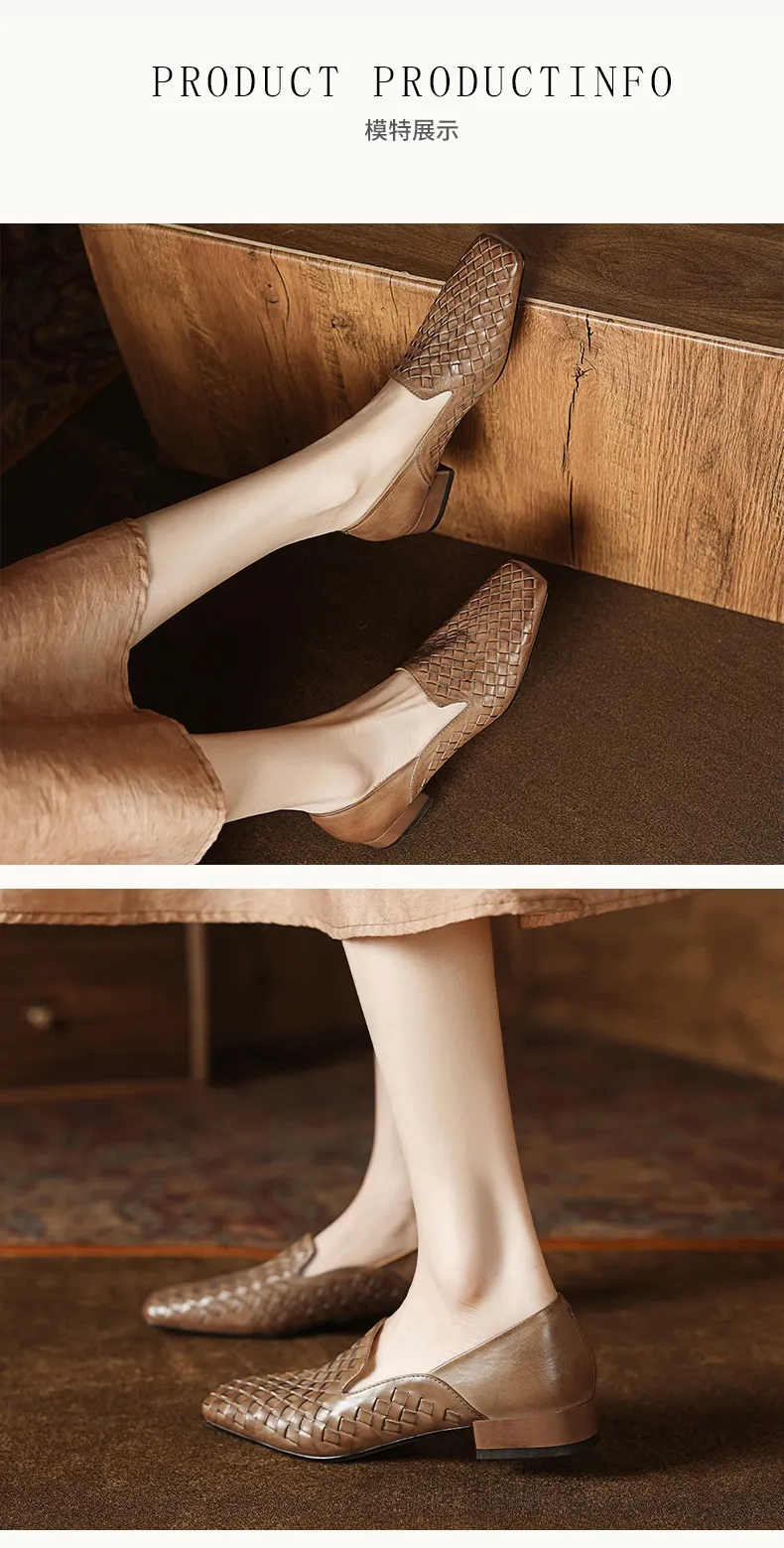 Spring and Autumn Square Toe Single Shoes Chunky Heel Low Heel Slip-on Cowhide Fashion Women's Shoes