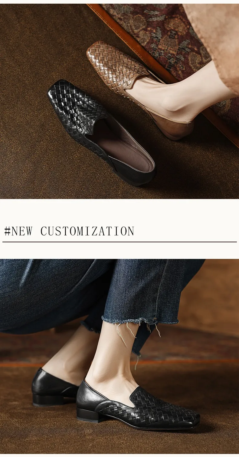 Spring and Autumn Square Toe Single Shoes Chunky Heel Low Heel Slip-on Cowhide Fashion Women's Shoes