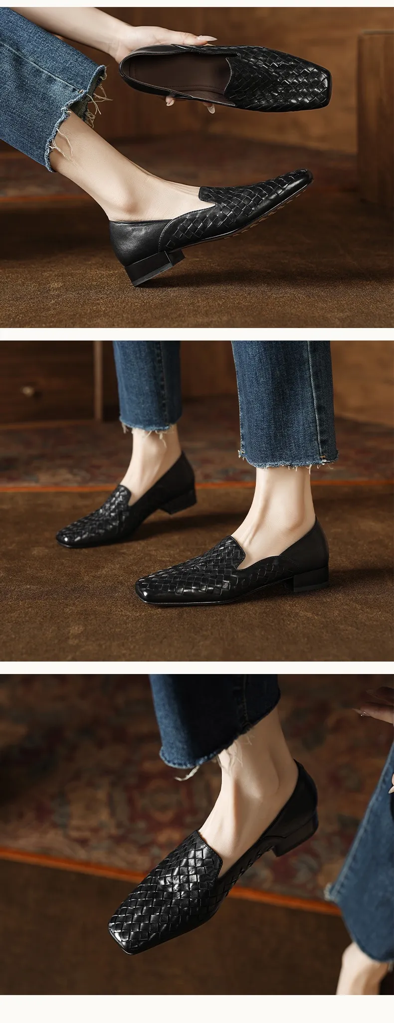 Spring and Autumn Square Toe Single Shoes Chunky Heel Low Heel Slip-on Cowhide Fashion Women's Shoes