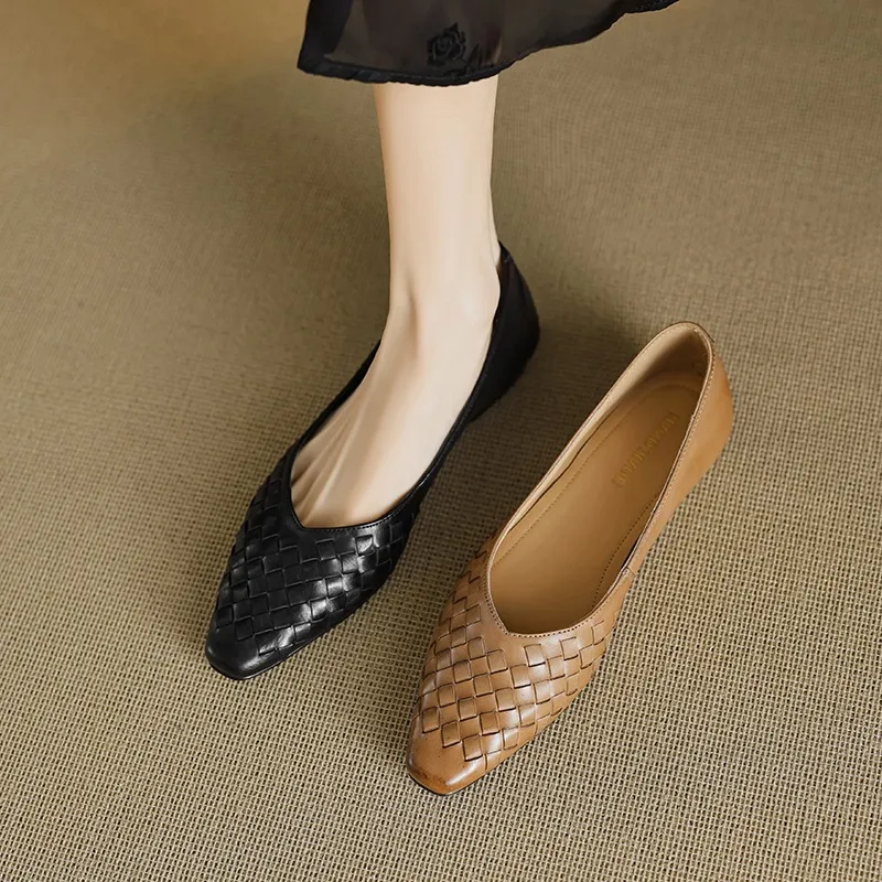 Spring and Autumn Square Toe Slip-on Cowhide Fashion Solid Color Women's Shoes Summer Shallow Mouth Woven Shoes 4142