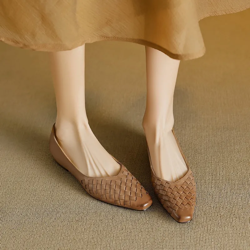 Spring and Autumn Square Toe Slip-on Cowhide Fashion Solid Color Women's Shoes Summer Shallow Mouth Woven Shoes 4142