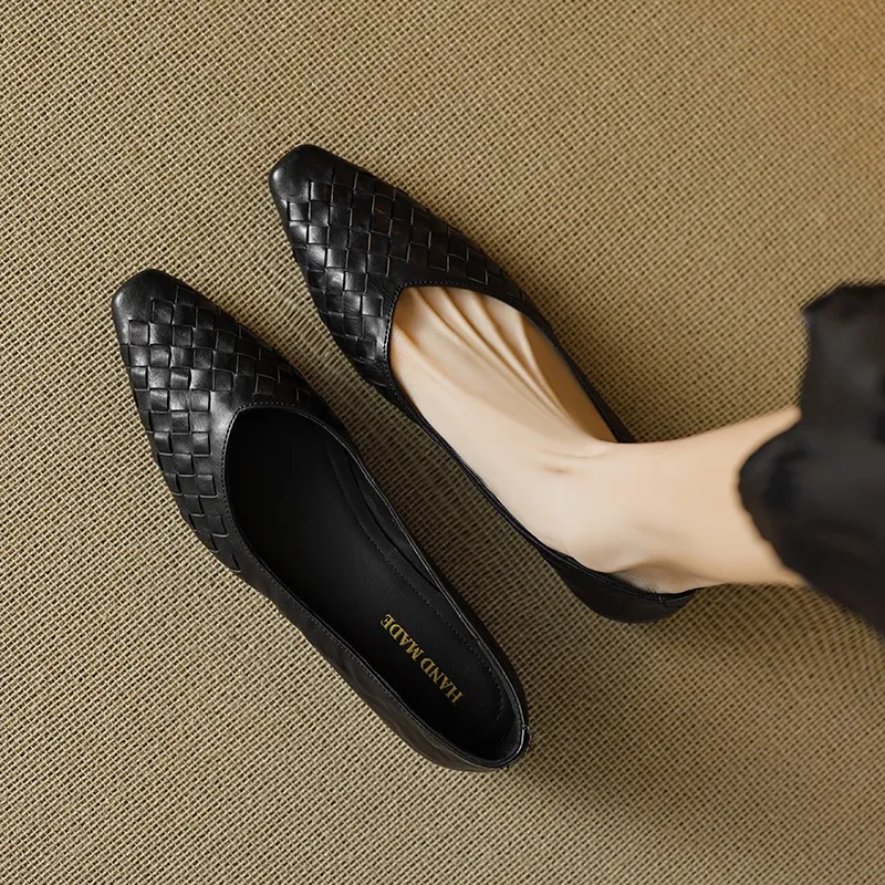 Spring and Autumn Square Toe Slip-on Cowhide Fashion Solid Color Women's Shoes Summer Shallow Mouth Woven Shoes 4142
