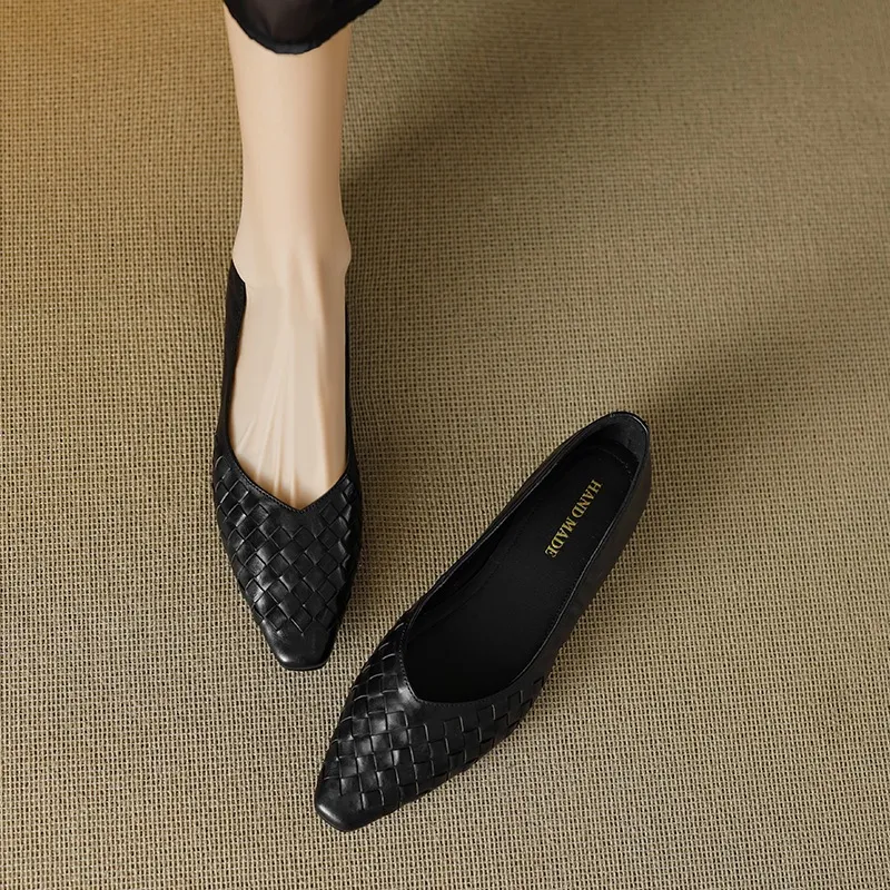 Spring and Autumn Square Toe Slip-on Cowhide Fashion Solid Color Women's Shoes Summer Shallow Mouth Woven Shoes 4142