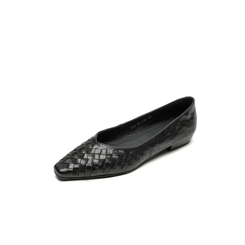 Spring and Autumn Square Toe Slip-on Cowhide Fashion Solid Color Women's Shoes Summer Shallow Mouth Woven Shoes 4142