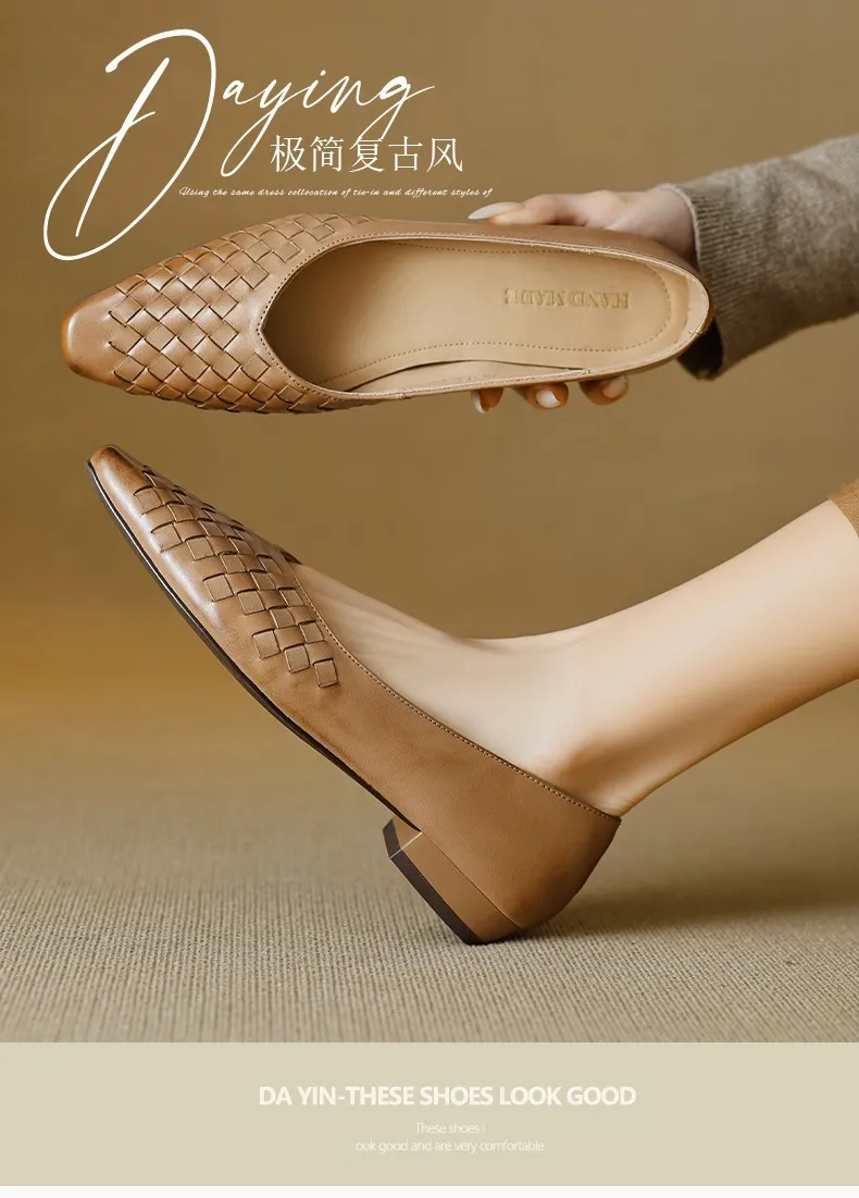 Spring and Autumn Square Toe Slip-on Cowhide Fashion Solid Color Women's Shoes Summer Shallow Mouth Woven Shoes 4142
