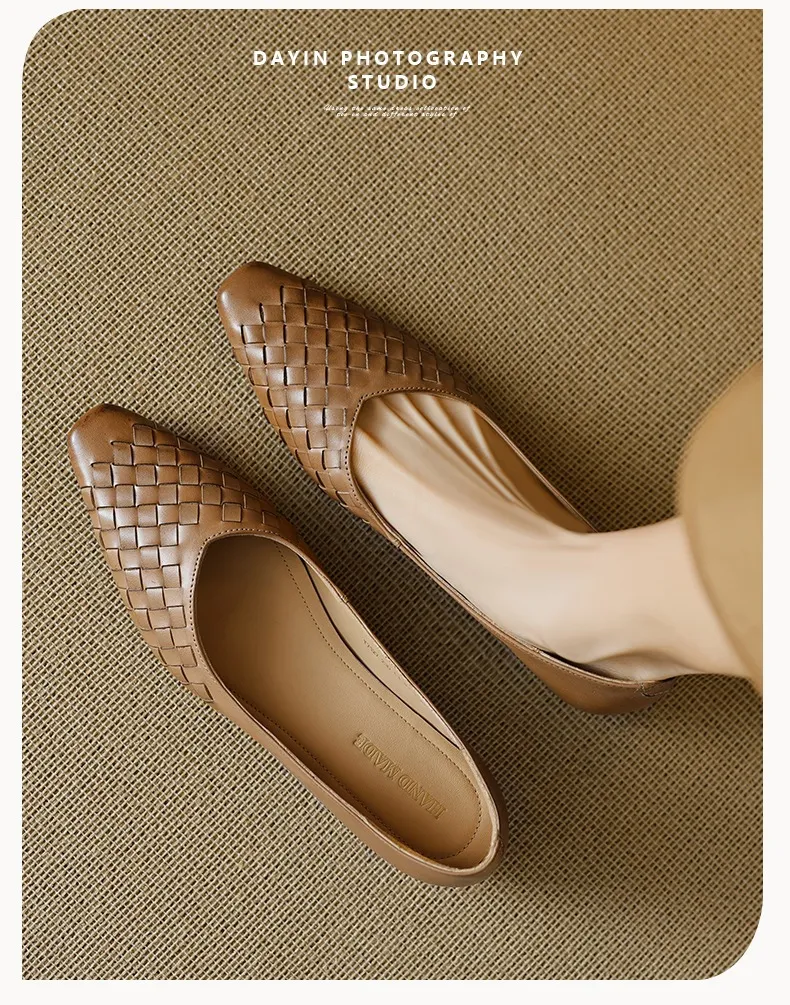 Spring and Autumn Square Toe Slip-on Cowhide Fashion Solid Color Women's Shoes Summer Shallow Mouth Woven Shoes 4142