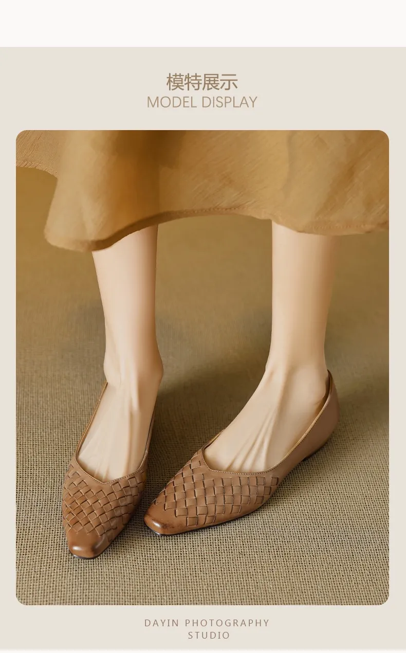Spring and Autumn Square Toe Slip-on Cowhide Fashion Solid Color Women's Shoes Summer Shallow Mouth Woven Shoes 4142