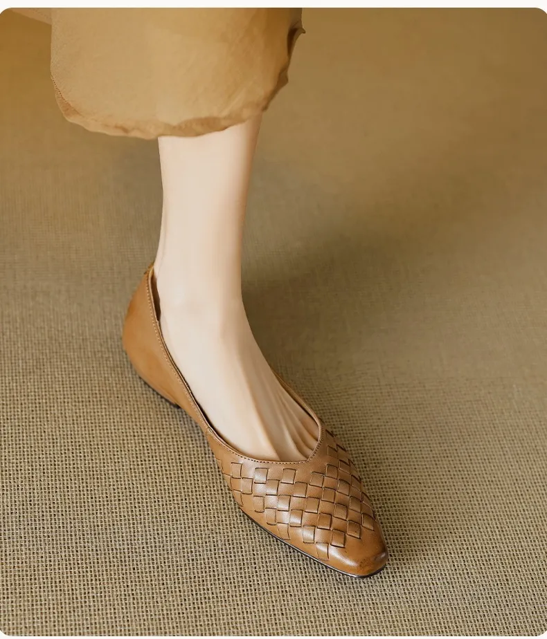 Spring and Autumn Square Toe Slip-on Cowhide Fashion Solid Color Women's Shoes Summer Shallow Mouth Woven Shoes 4142