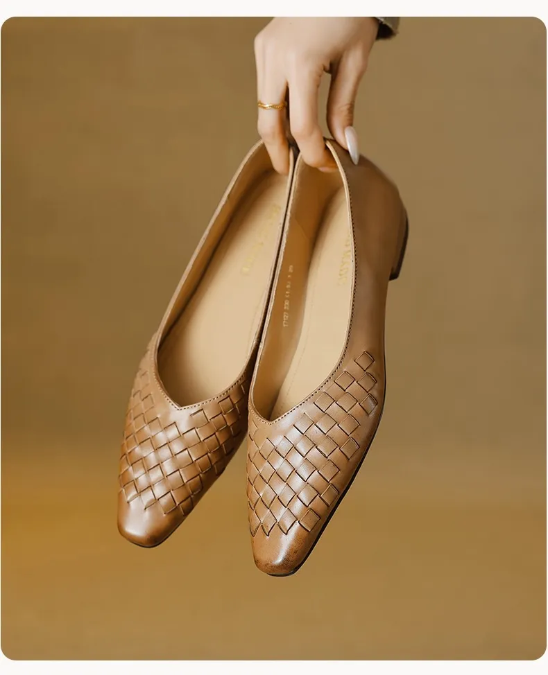 Spring and Autumn Square Toe Slip-on Cowhide Fashion Solid Color Women's Shoes Summer Shallow Mouth Woven Shoes 4142