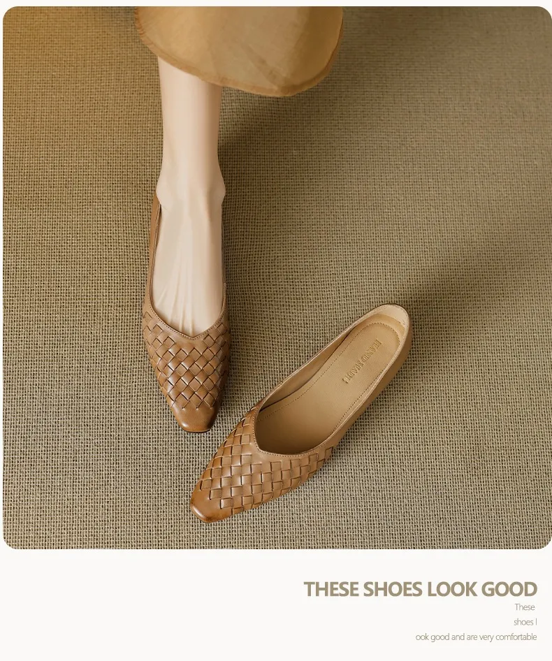 Spring and Autumn Square Toe Slip-on Cowhide Fashion Solid Color Women's Shoes Summer Shallow Mouth Woven Shoes 4142