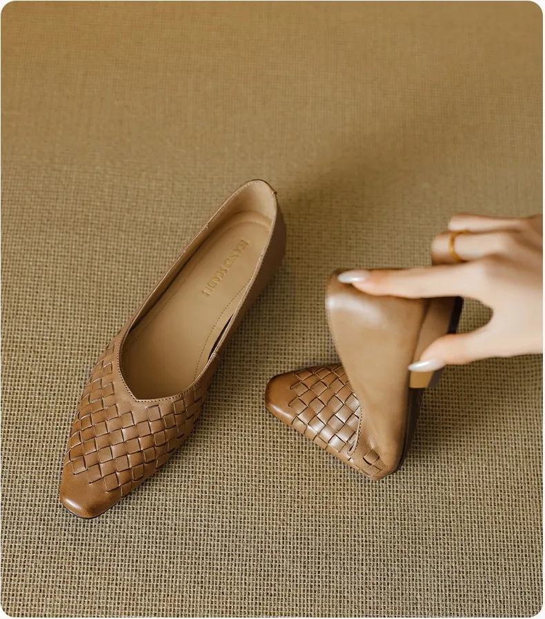 Spring and Autumn Square Toe Slip-on Cowhide Fashion Solid Color Women's Shoes Summer Shallow Mouth Woven Shoes 4142