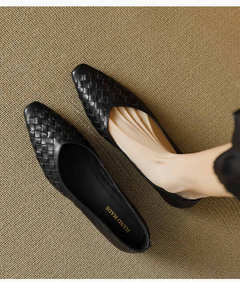 Spring and Autumn Square Toe Slip-on Cowhide Fashion Solid Color Women's Shoes Summer Shallow Mouth Woven Shoes 4142