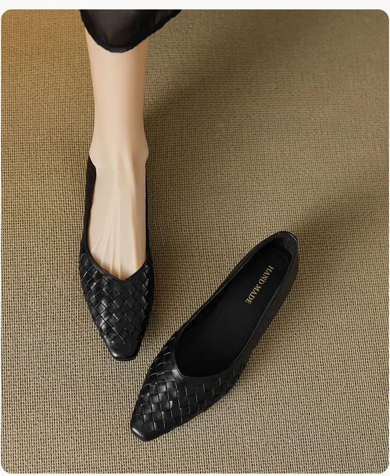 Spring and Autumn Square Toe Slip-on Cowhide Fashion Solid Color Women's Shoes Summer Shallow Mouth Woven Shoes 4142
