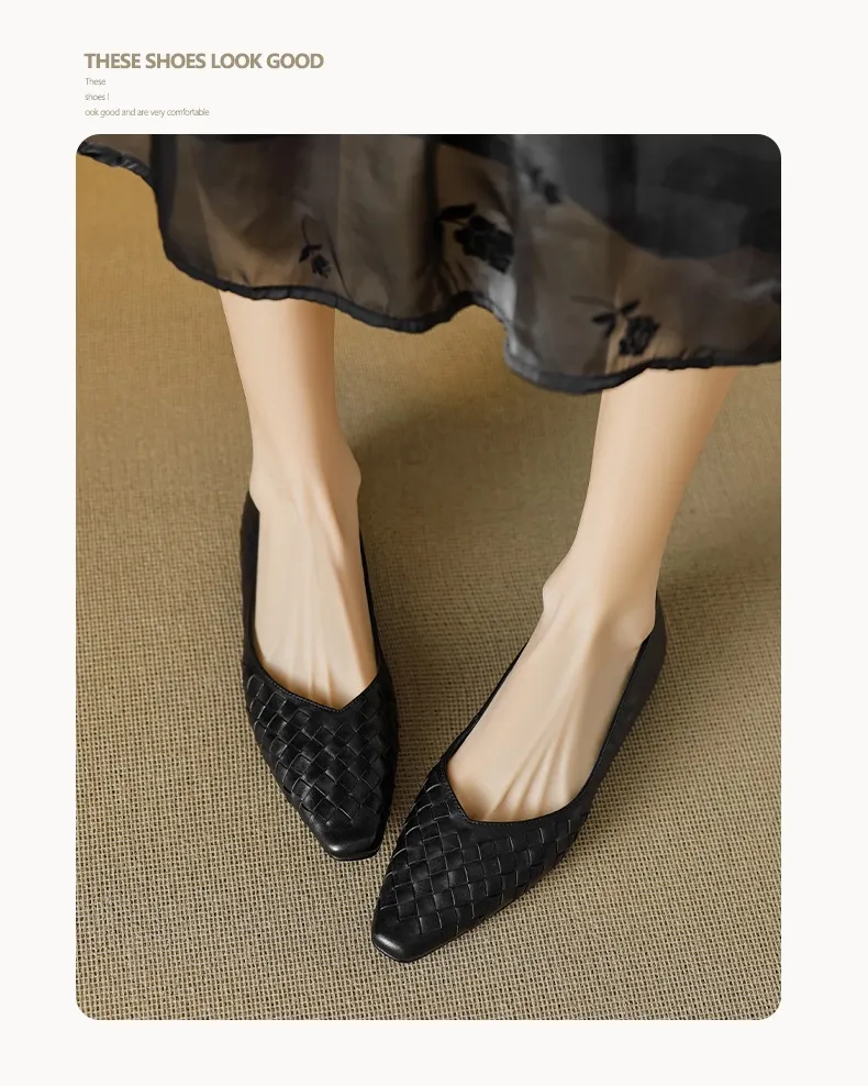 Spring and Autumn Square Toe Slip-on Cowhide Fashion Solid Color Women's Shoes Summer Shallow Mouth Woven Shoes 4142