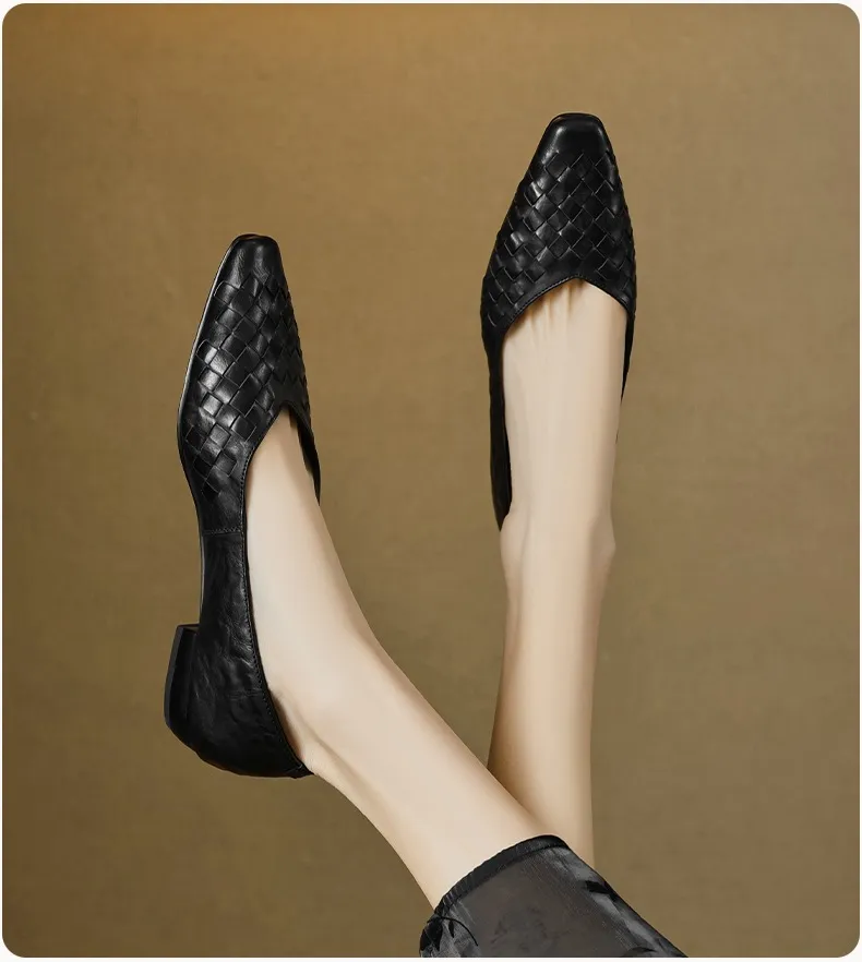 Spring and Autumn Square Toe Slip-on Cowhide Fashion Solid Color Women's Shoes Summer Shallow Mouth Woven Shoes 4142