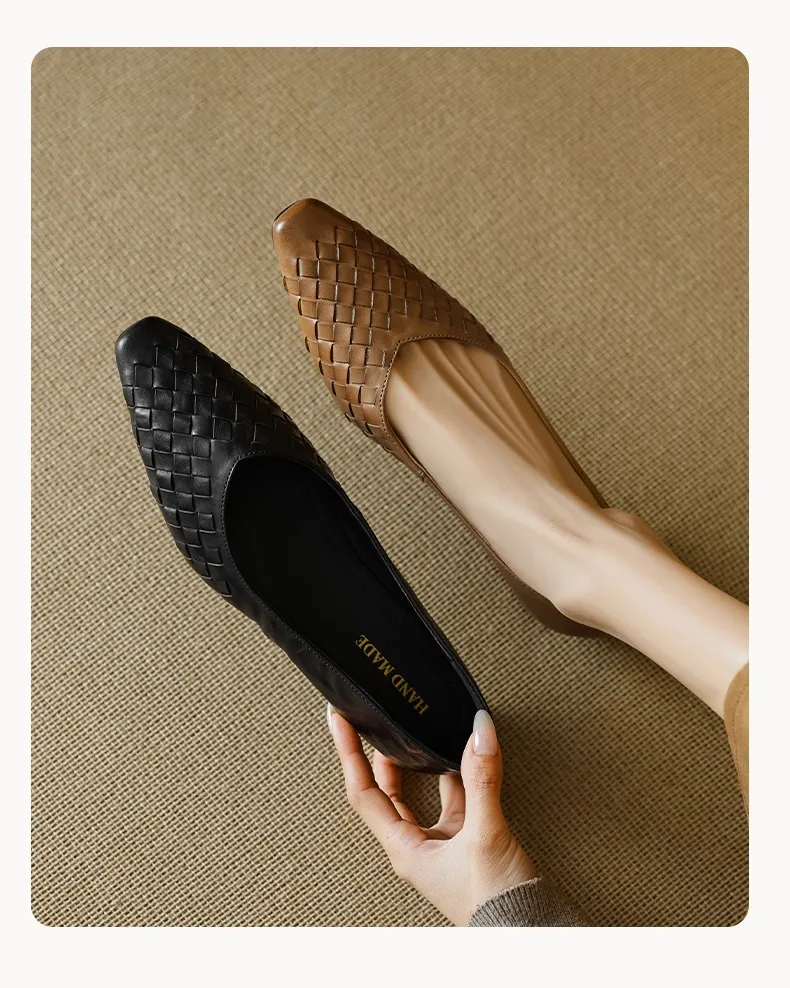 Spring and Autumn Square Toe Slip-on Cowhide Fashion Solid Color Women's Shoes Summer Shallow Mouth Woven Shoes 4142