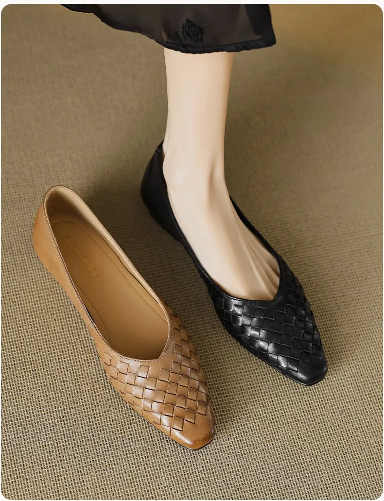 Spring and Autumn Square Toe Slip-on Cowhide Fashion Solid Color Women's Shoes Summer Shallow Mouth Woven Shoes 4142