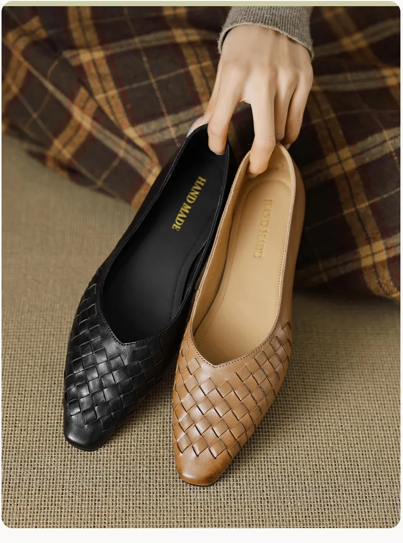 Spring and Autumn Square Toe Slip-on Cowhide Fashion Solid Color Women's Shoes Summer Shallow Mouth Woven Shoes 4142