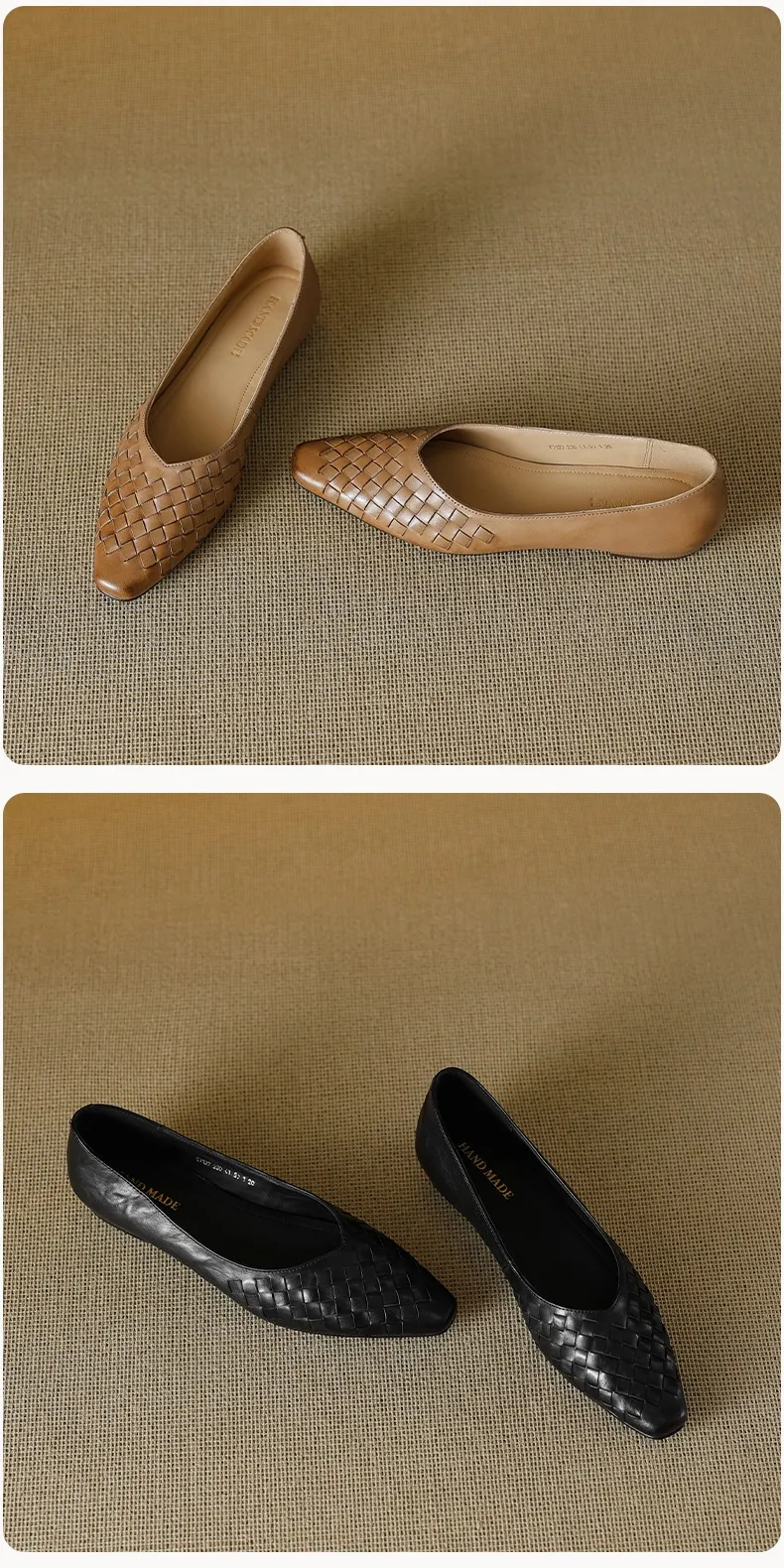 Spring and Autumn Square Toe Slip-on Cowhide Fashion Solid Color Women's Shoes Summer Shallow Mouth Woven Shoes 4142