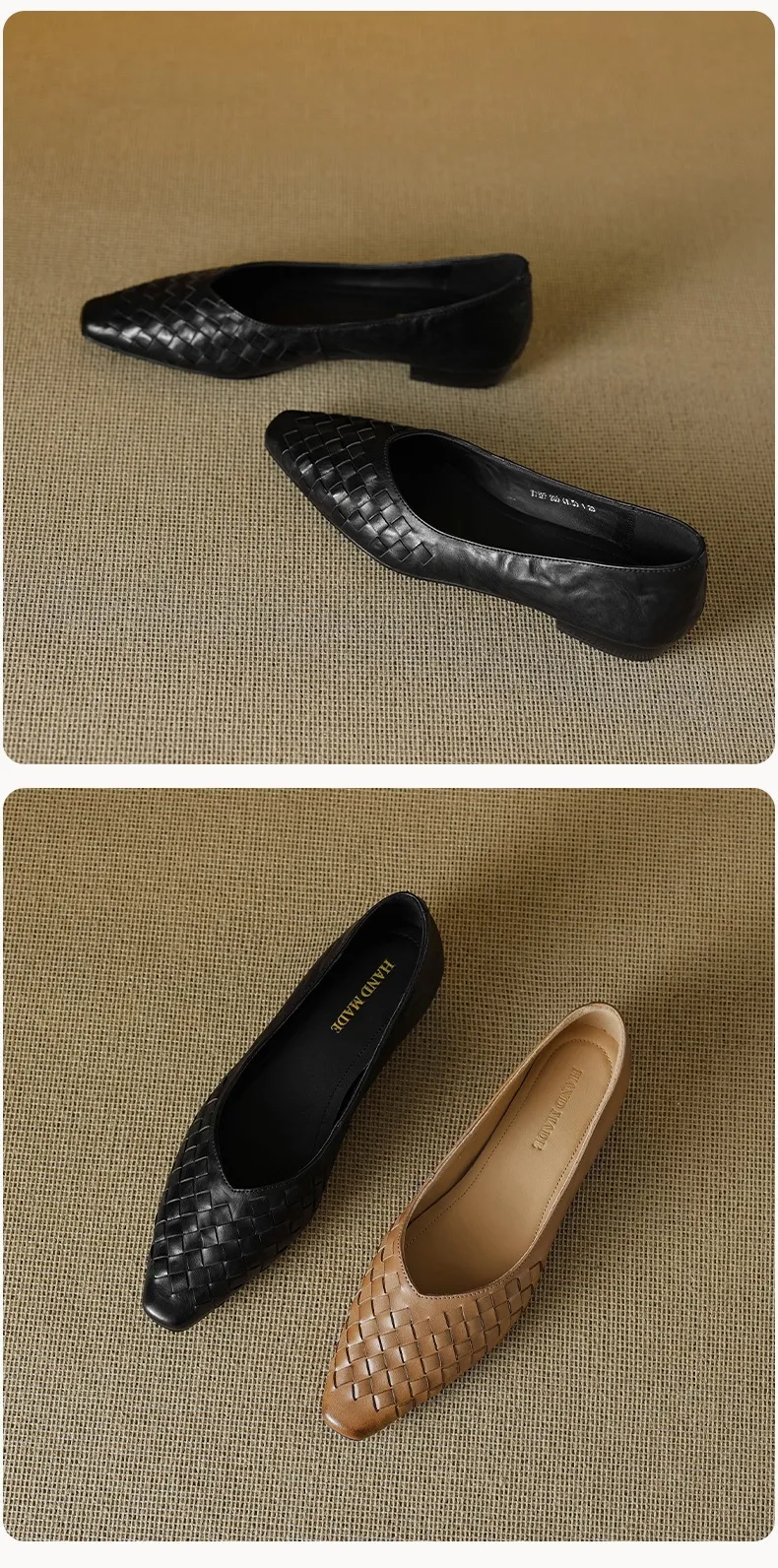 Spring and Autumn Square Toe Slip-on Cowhide Fashion Solid Color Women's Shoes Summer Shallow Mouth Woven Shoes 4142