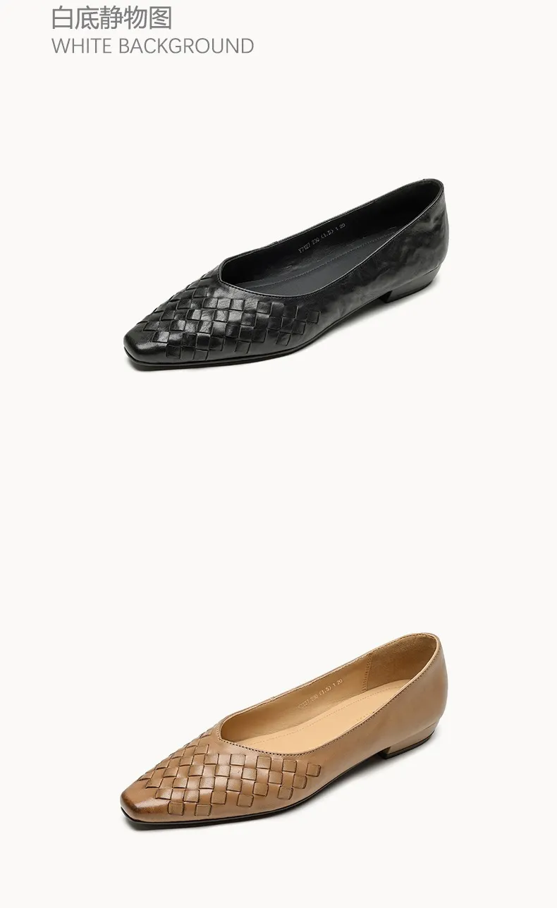 Spring and Autumn Square Toe Slip-on Cowhide Fashion Solid Color Women's Shoes Summer Shallow Mouth Woven Shoes 4142